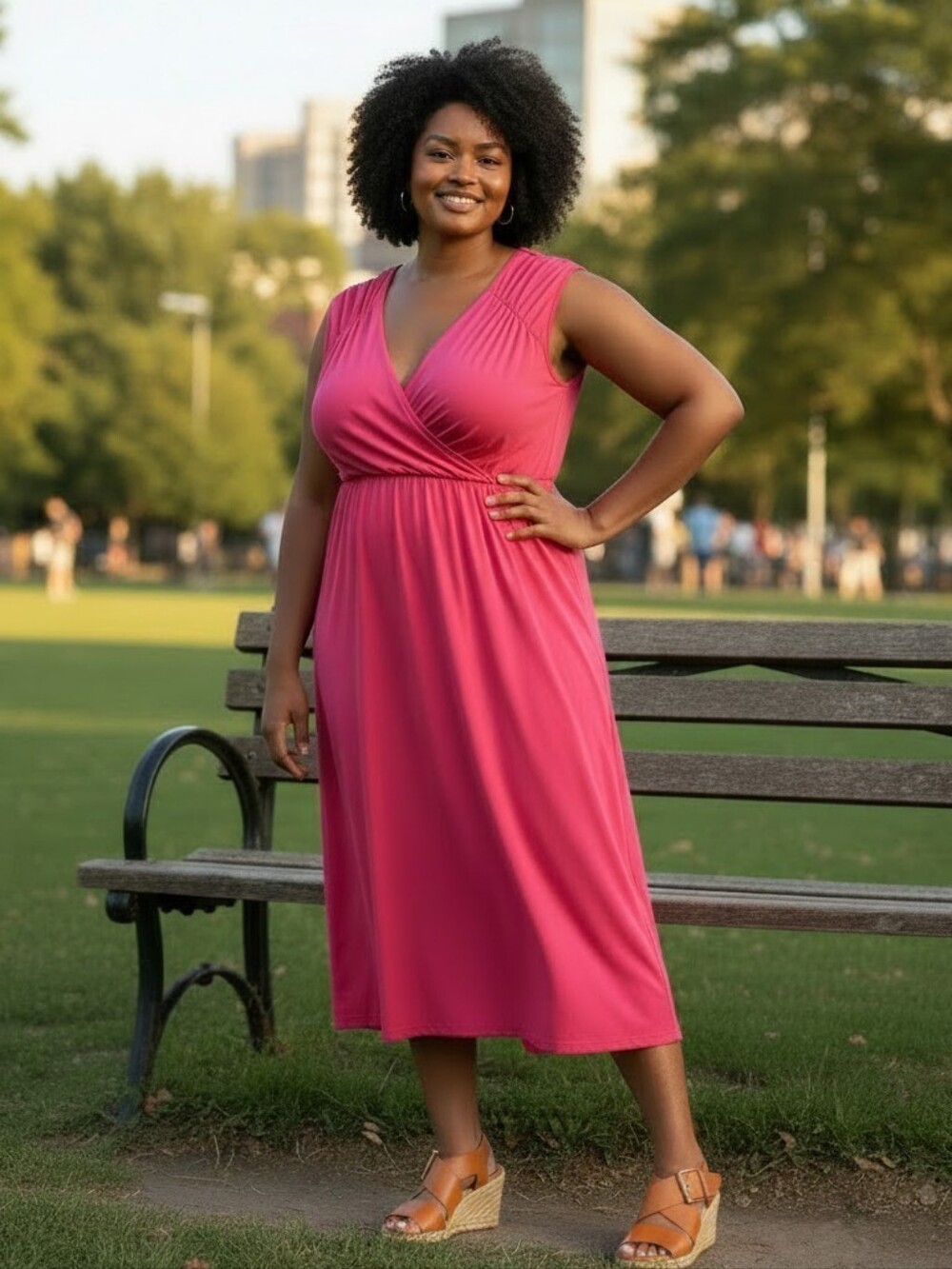 Roaman's Hot Pink Sleeveless V-Neck Midi Dress